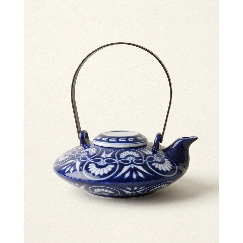Bombay Arabesque Tile Teapot Blue White Ceramic Vintage 90s Tea Pot with Infuser